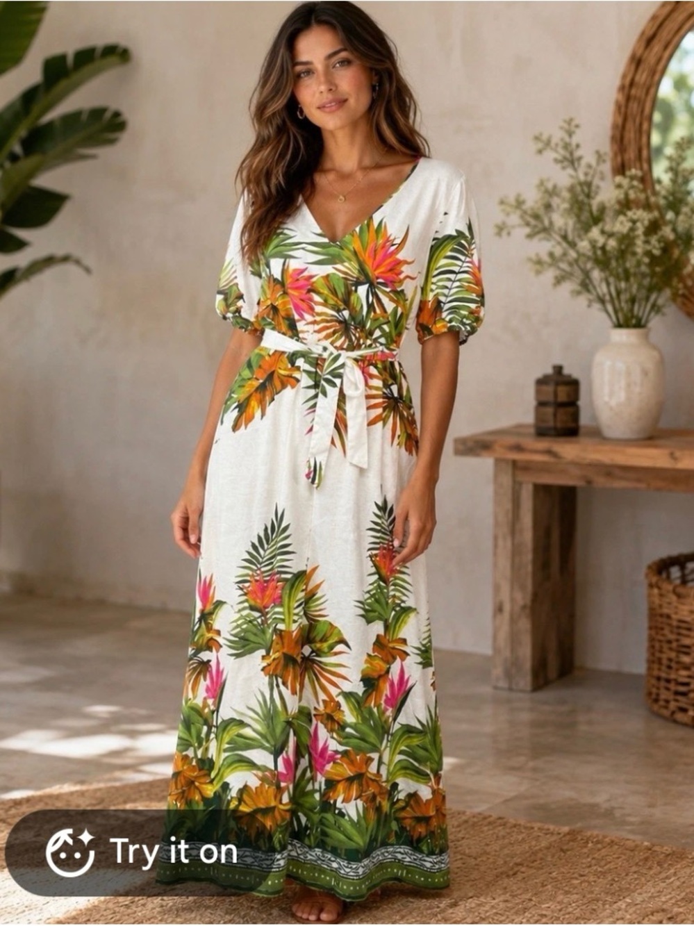 INC International Concepts Cream Maxi Dress with Tropical Floral Print and Belt